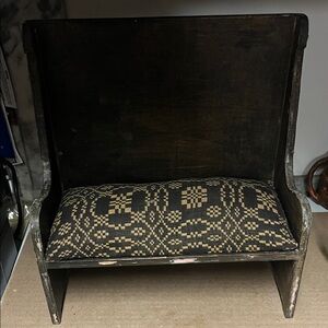 Vintage Wooden Doll Bench with Patterned Cushion